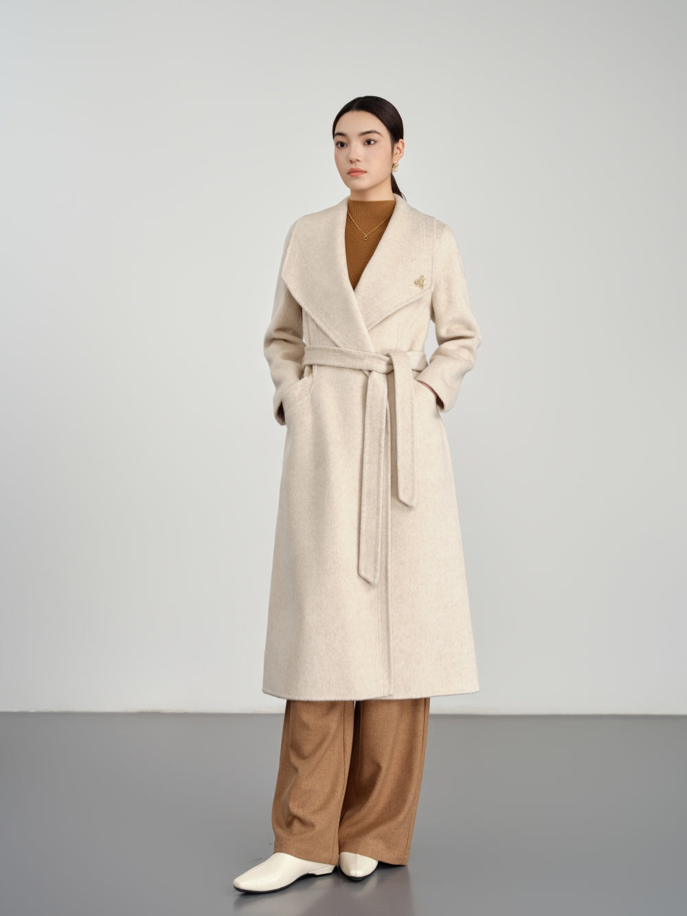 Large lapel long wool-cashmere coat