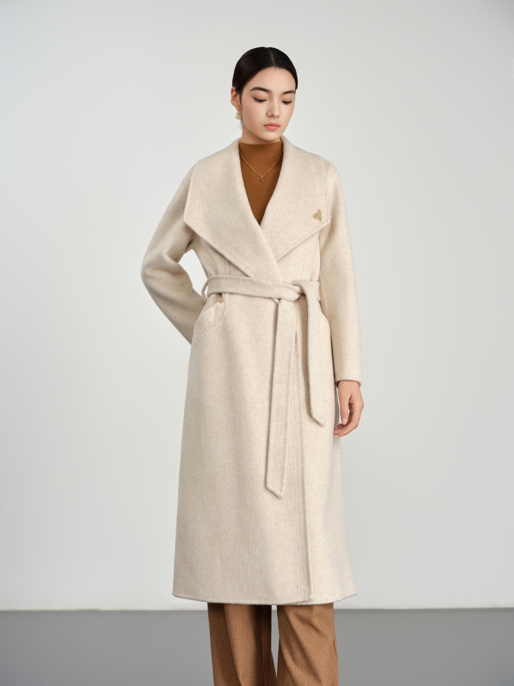 Large lapel long wool-cashmere coat
