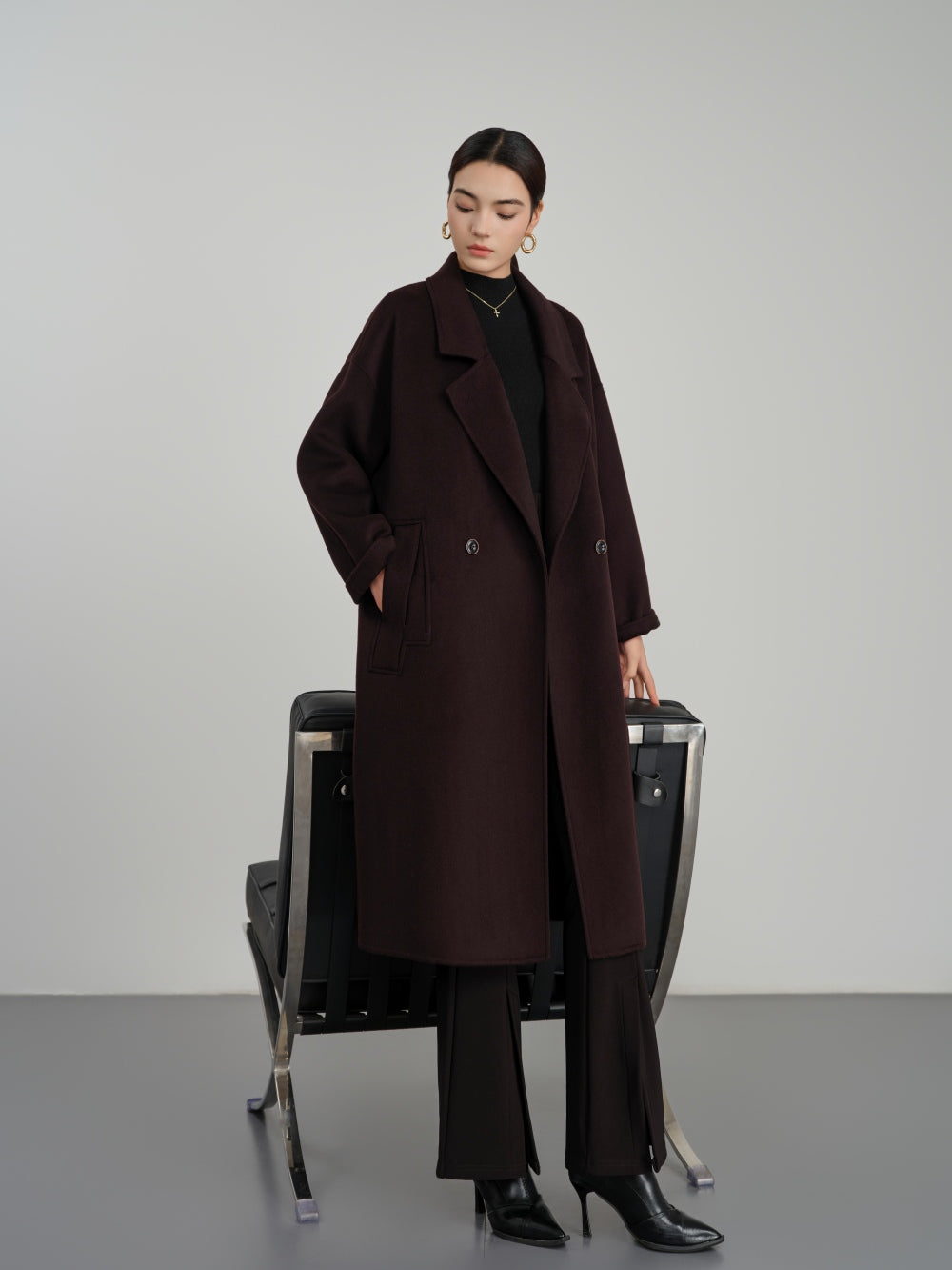 Long Double Breasted Coat in Textured Wool-Cashmere