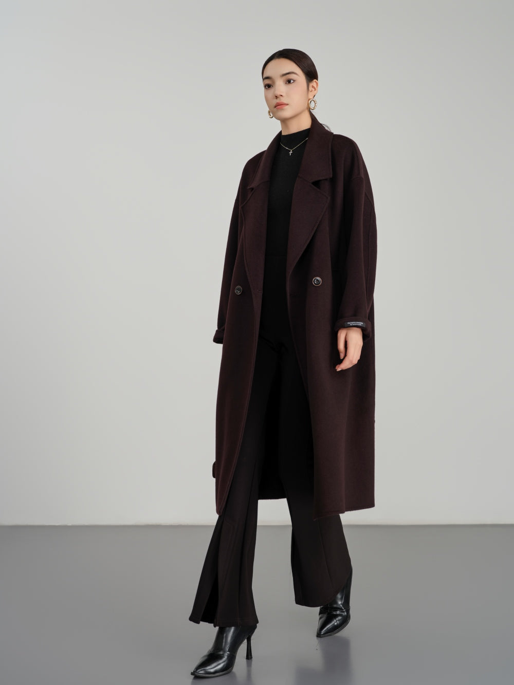Long Double Breasted Coat in Textured Wool-Cashmere