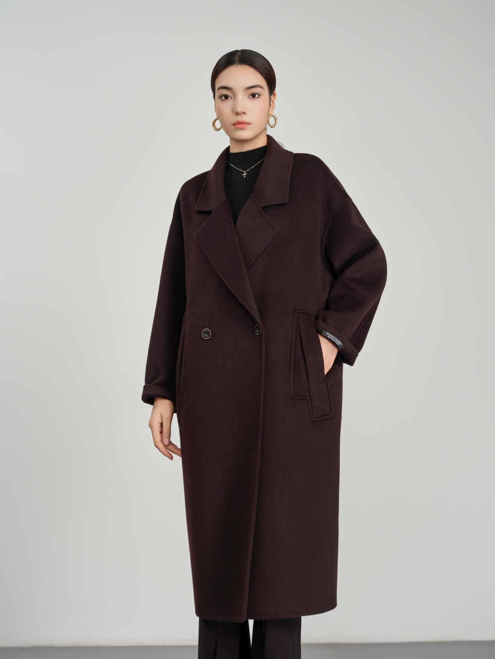 Long Double Breasted Coat in Textured Wool-Cashmere