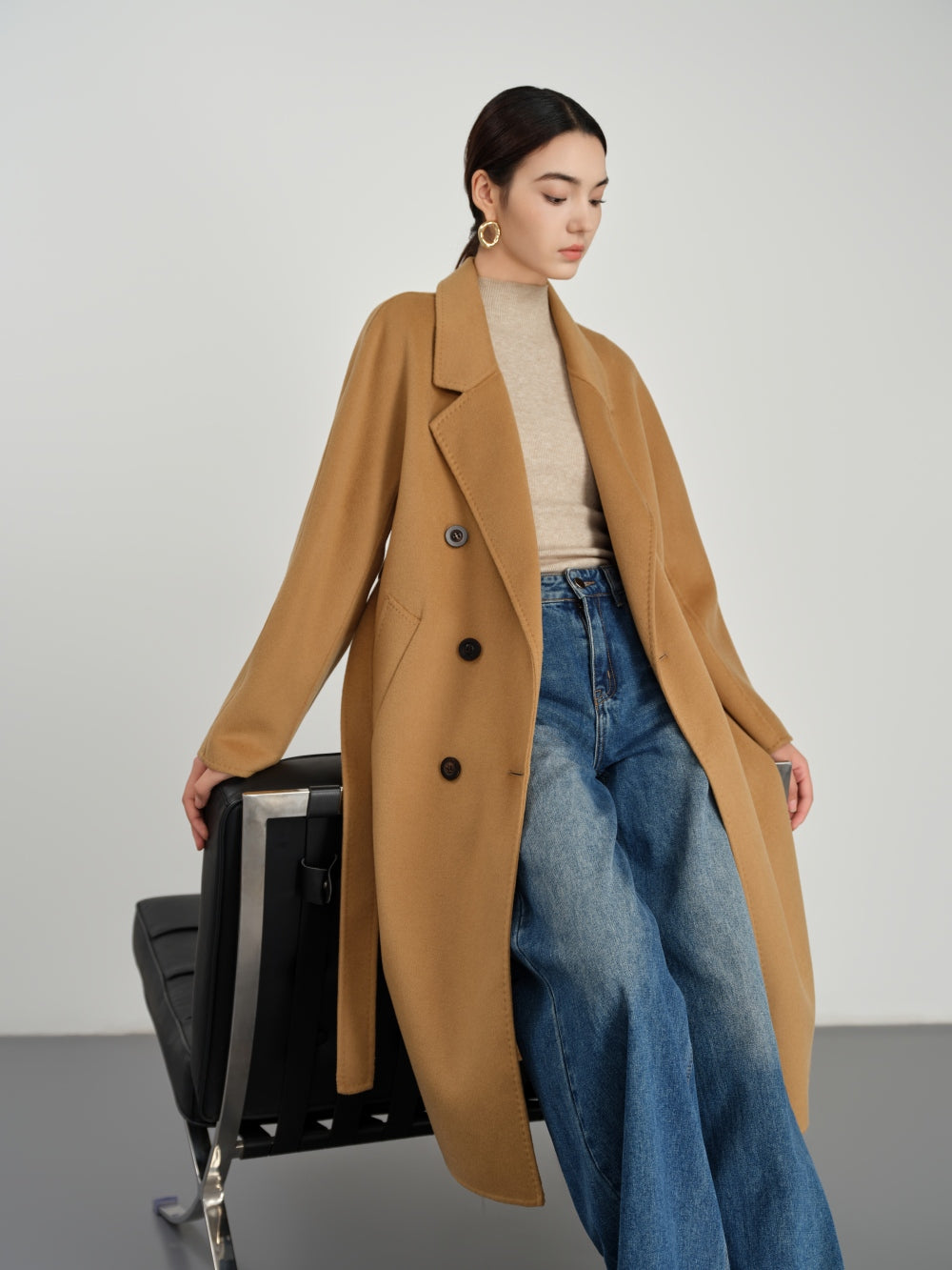Long Belted Trench Coat in Double-Face Wool-Cashmere