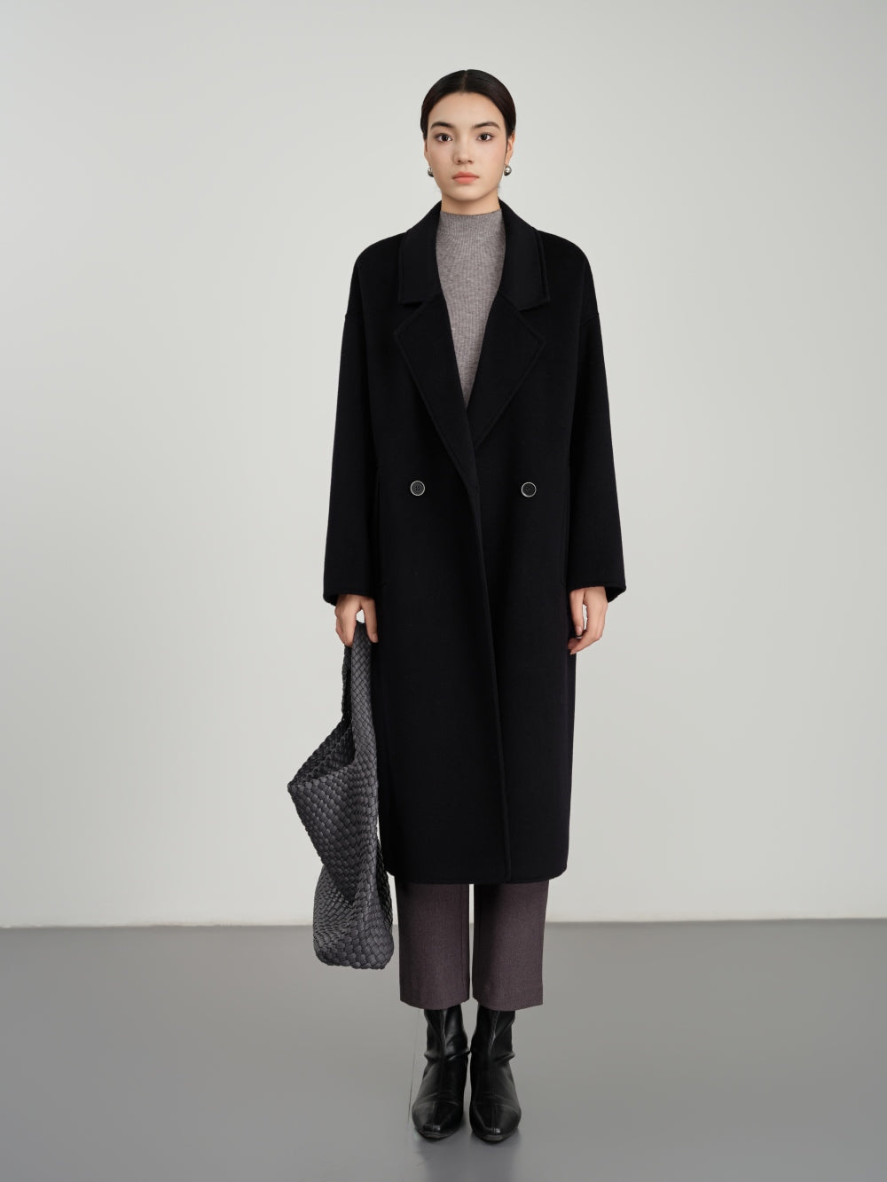 Long Double Breasted Coat in Textured Wool-Cashmere