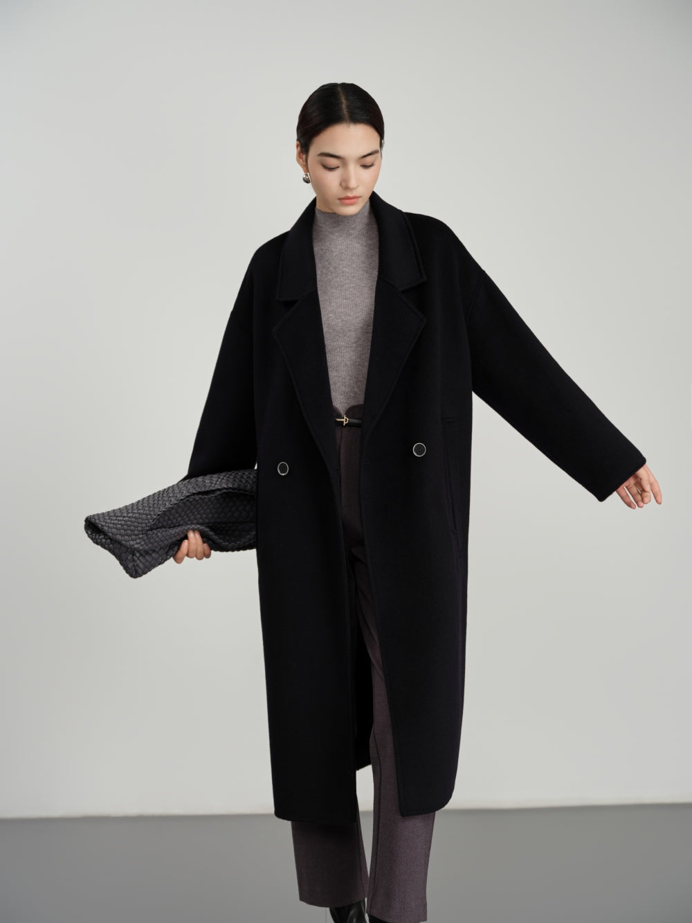 Long Double Breasted Coat in Textured Wool-Cashmere