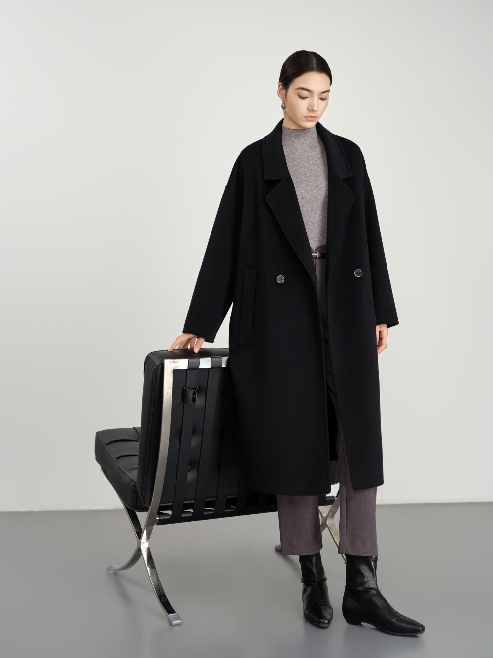 Long Double Breasted Coat in Textured Wool-Cashmere