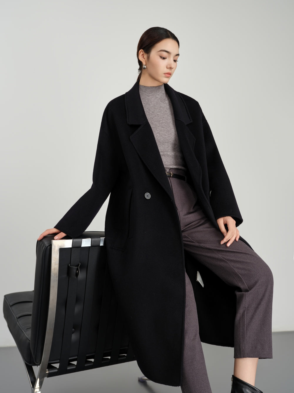 Long Double Breasted Coat in Textured Wool-Cashmere