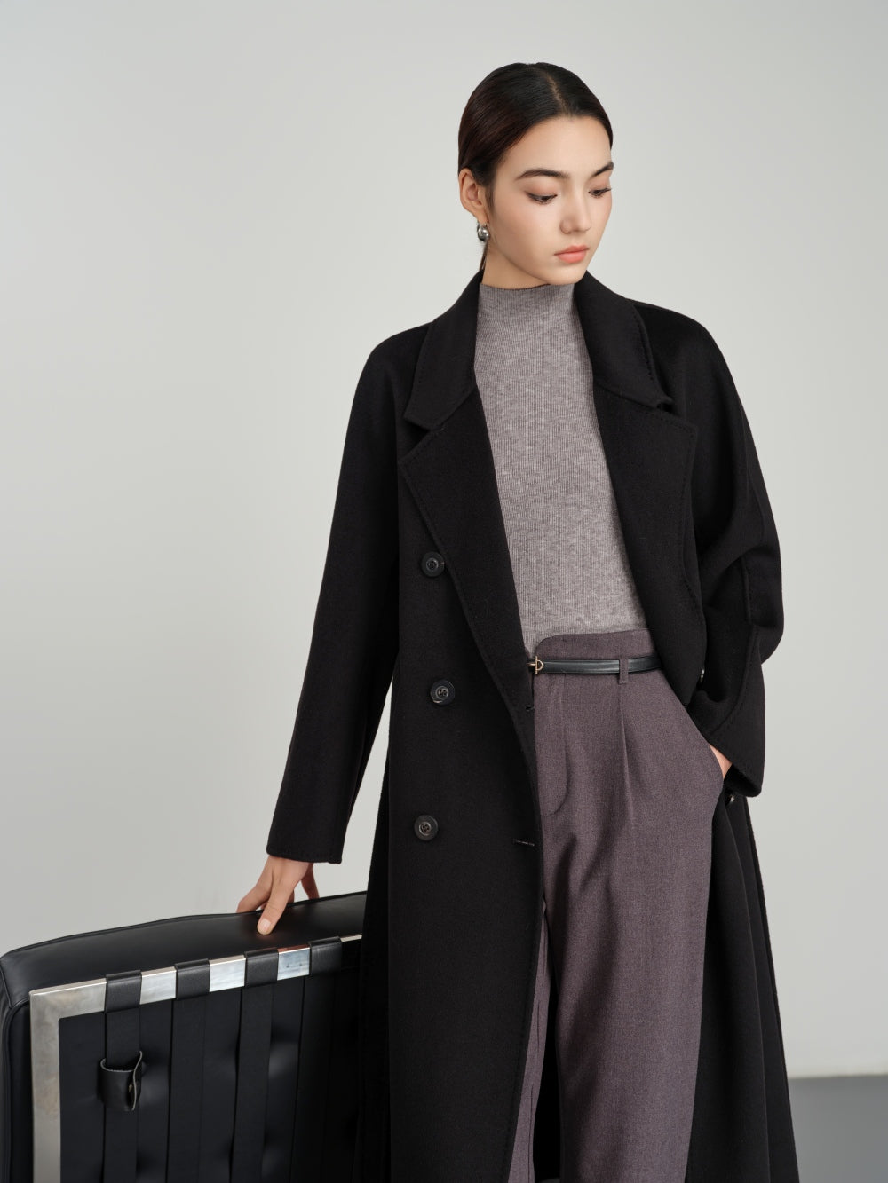 Long Belted Trench Coat in Double-Face Wool-Cashmere