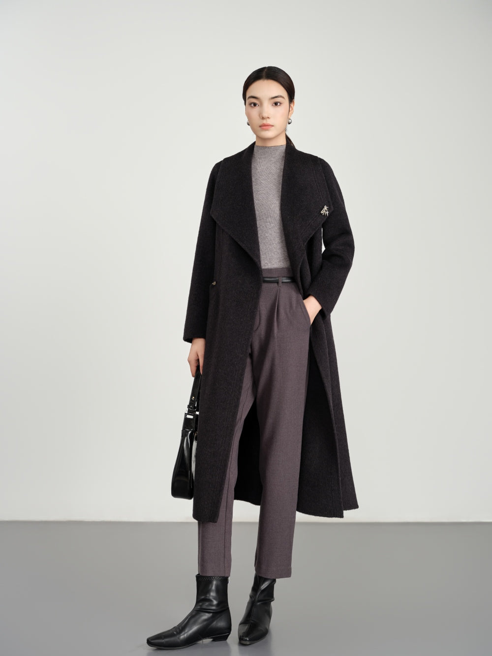 Large lapel long wool-cashmere coat