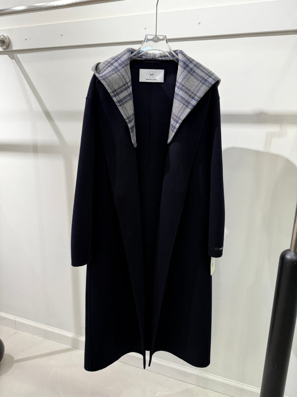 Long length Detachable hooded  with color block in Double-Face Wool-Cashmere coat