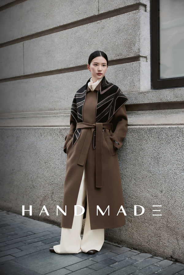 Mid length leather buckles design in Double-Face Wool-Cashmere coat