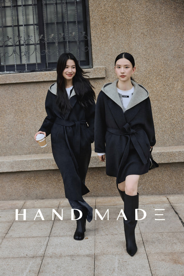 Long length Detachable hooded  with color block in Double-Face Wool-Cashmere coat