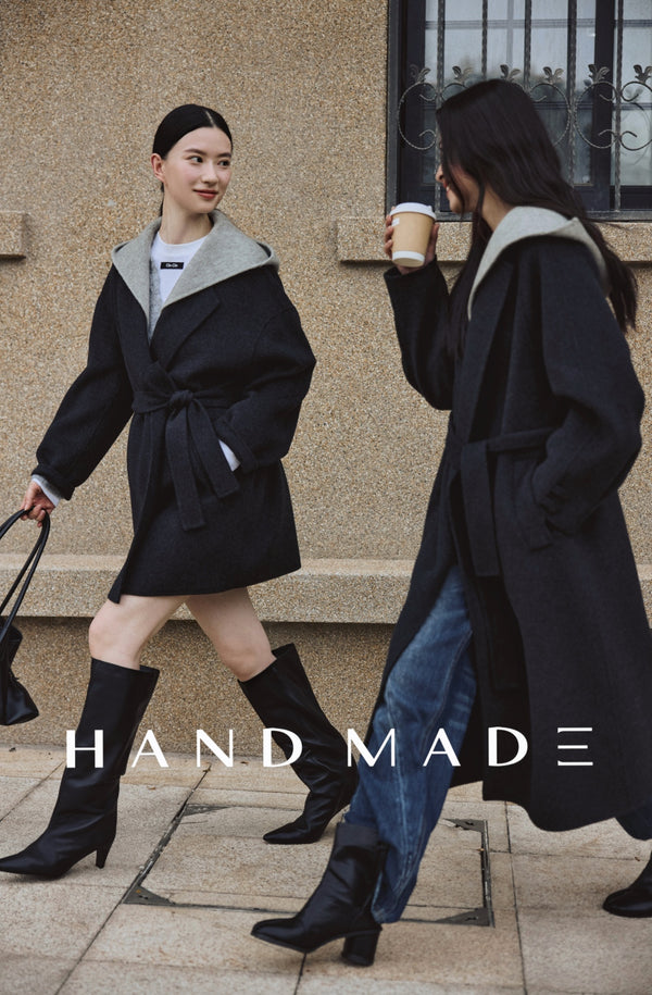 Mid length Detachable hooded  with color block in Double-Face Wool-Cashmere coat