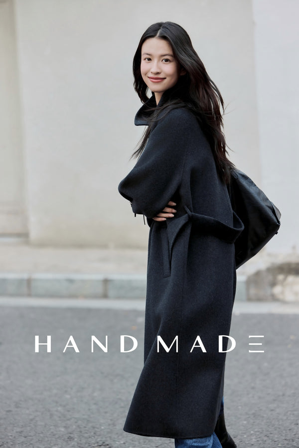 Mid length leather buckles design in Double-Face Wool-Cashmere coat